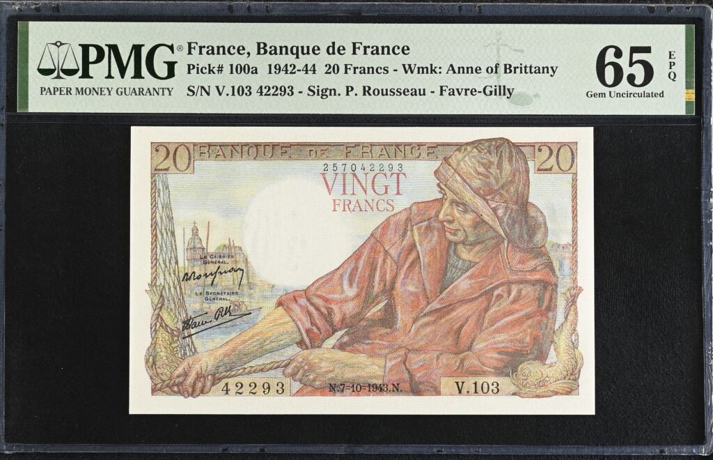 France 20 Francs 1943 Pick #100a PMG Gem UNC65 EPQ 0154745