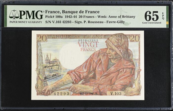 France 20 Francs 1943 Pick #100a PMG Gem UNC65 EPQ 0154745France 20 Francs 1943 Pick #100a PMG Gem UNC65 EPQ 0154745