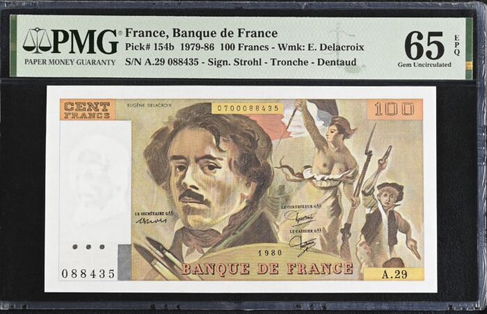 France 100 Francs 1980 Pick #154b PMG Gem UNC65 EPQ 0154750France 100 Francs 1980 Pick #154b PMG Gem UNC65 EPQ 0154750
