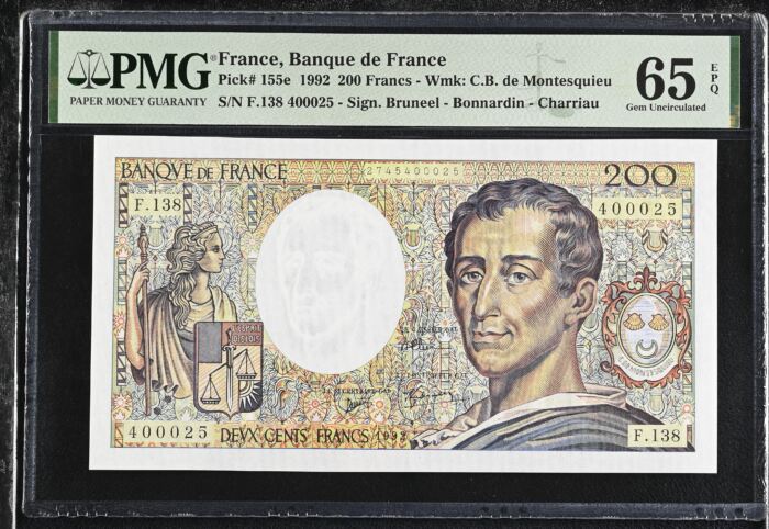 France 200 Francs 1992 Pick #155e PMG Gem UNC65 EPQ 0153835France 200 Francs 1992 Pick #155e PMG Gem UNC65 EPQ 0153835