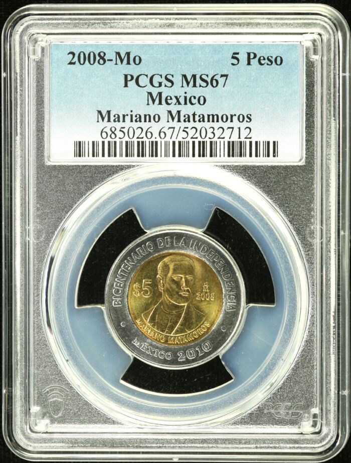 Modern Silver & Minors 5 Peso 2008 Mo Mariano Matamoros PCGS MS67 0154895Modern Silver & Minors 5 Peso 2008 Mo Mariano Matamoros PCGS MS67 0154895