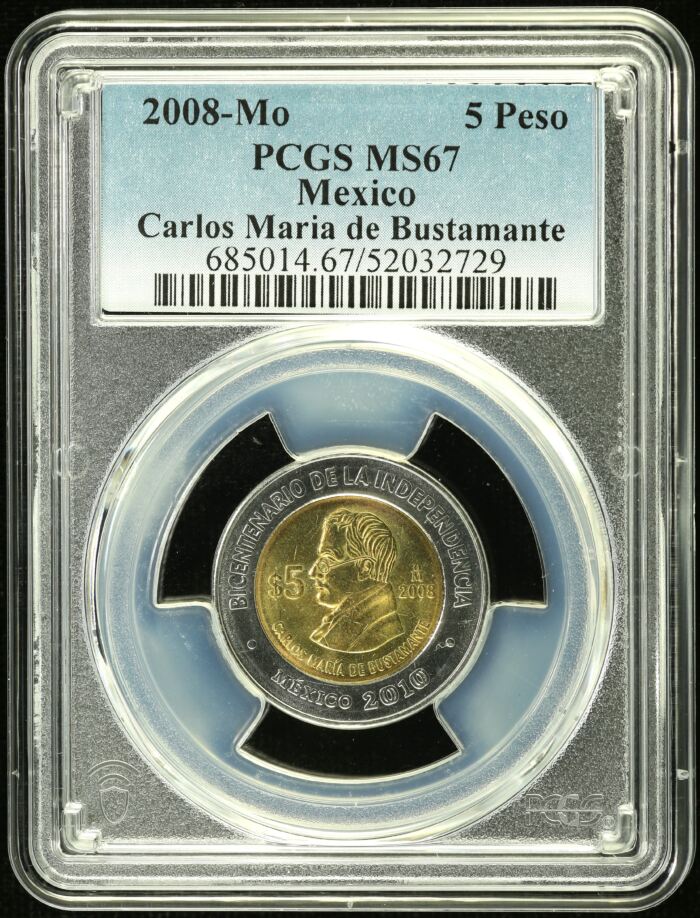 Modern Silver & Minors 5 Peso 2008 Mo Carlos Maria de Bustamante PCGS MS67 0154914Modern Silver & Minors 5 Peso 2008 Mo Carlos Maria de Bustamante PCGS MS67 0154914