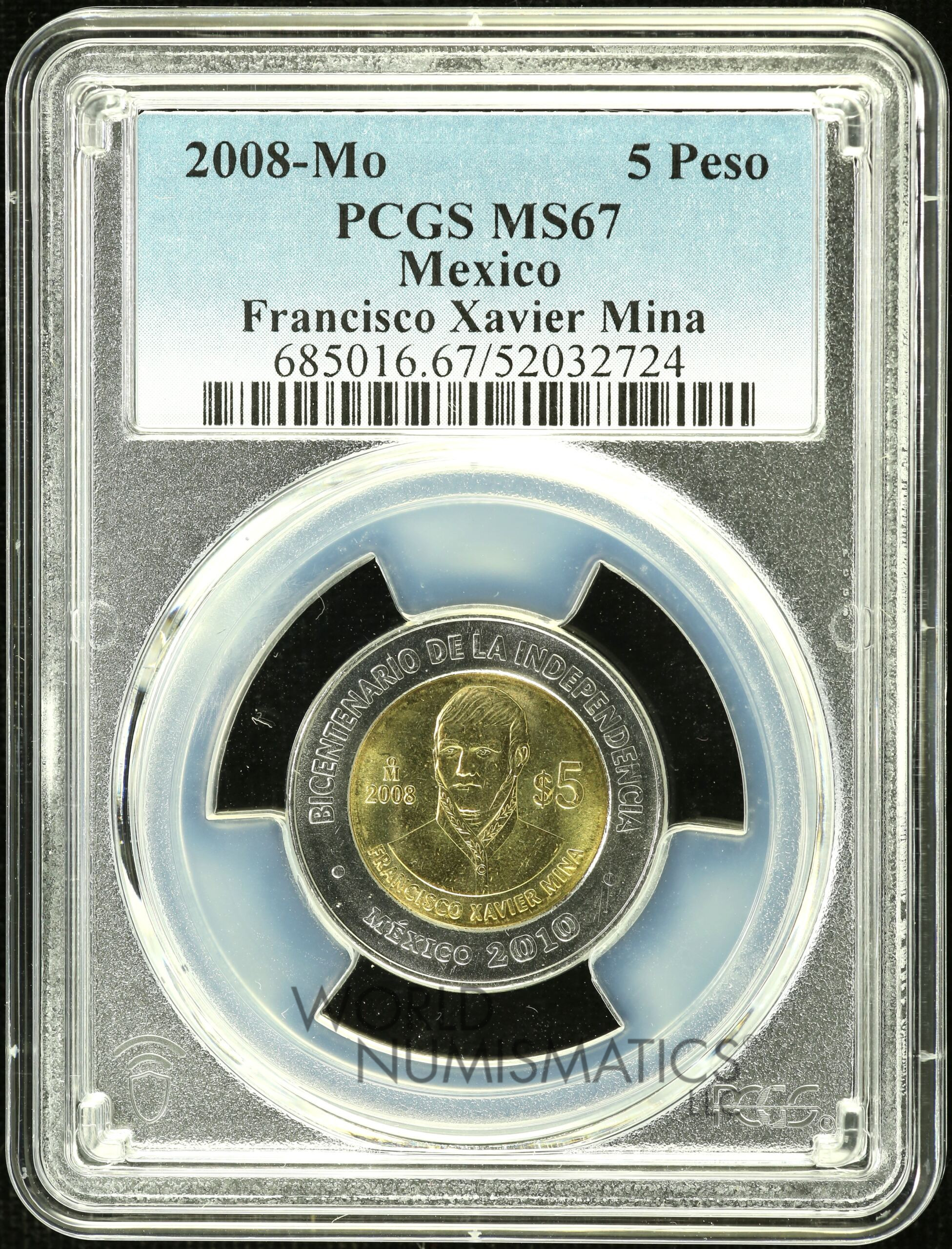 5 Peso  Mexican Coins  Modern Silver & Minors Modern Silver & Minors 5 Peso 2008 Mo Francisco Xavier Mina PCGS MS67 0154917 Modern Silver & Minors 5 Peso 2008 Mo Francisco Xavier Mina PCGS MS67 0154917Modern Silver & Minors 5 Peso 2008 Mo Francisco Xavier Mina PCGS MS67 0154917