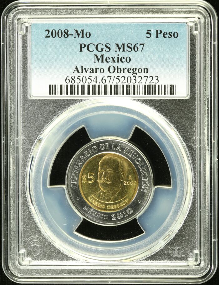 Modern Silver & Minors 5 Peso 2008 Mo Alvaro Obregon PCGS MS67 0154918Modern Silver & Minors 5 Peso 2008 Mo Alvaro Obregon PCGS MS67 0154918