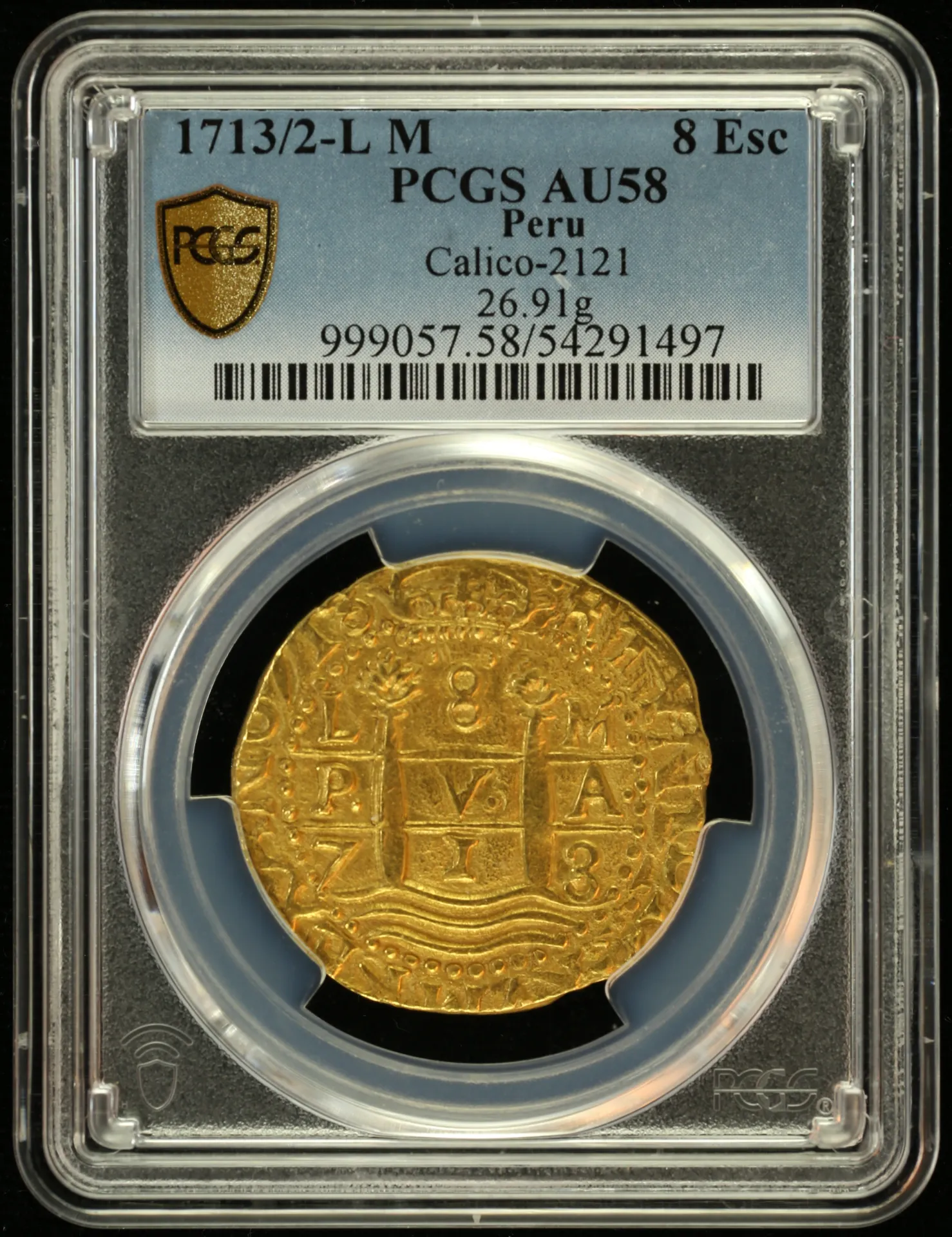 Peru 8 Escudos 1713/2 L M PCGS AU58 Calico-2121 0154331