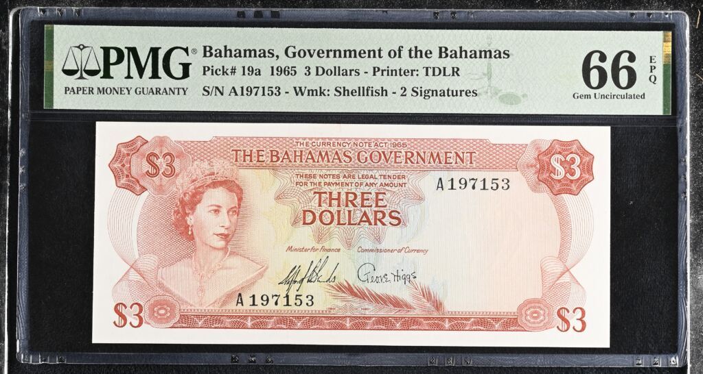 Bahamas 3 Dollars 1965 Pick #19a PMG Gem UNC66 EPQ 0155719