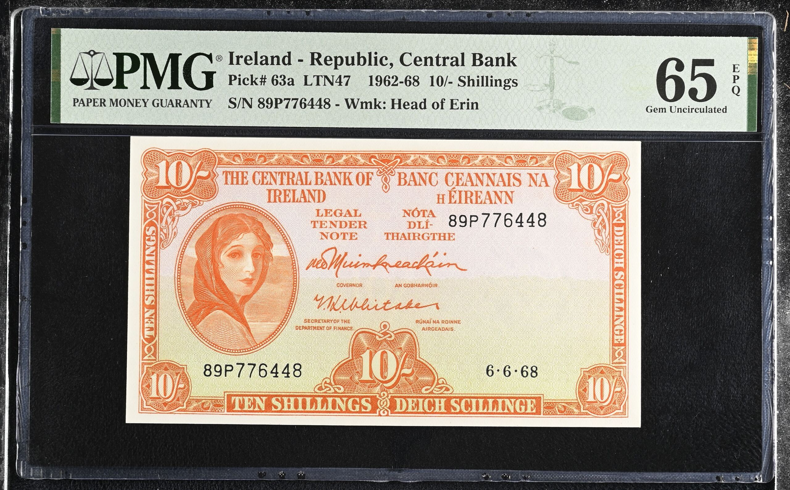 Ireland - Republic 10 Shillings 1968 Pick #63a PMG Gem UNC65 EPQ 0155722