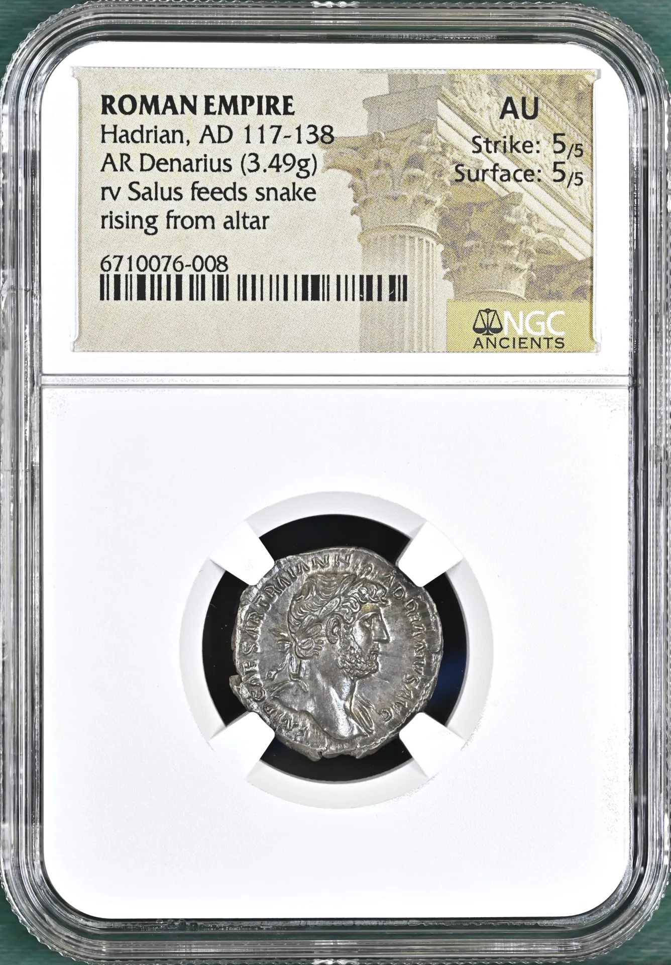 Roman Imperial Hadrian 117-138 AD AR Denarius NGC AU 0155815