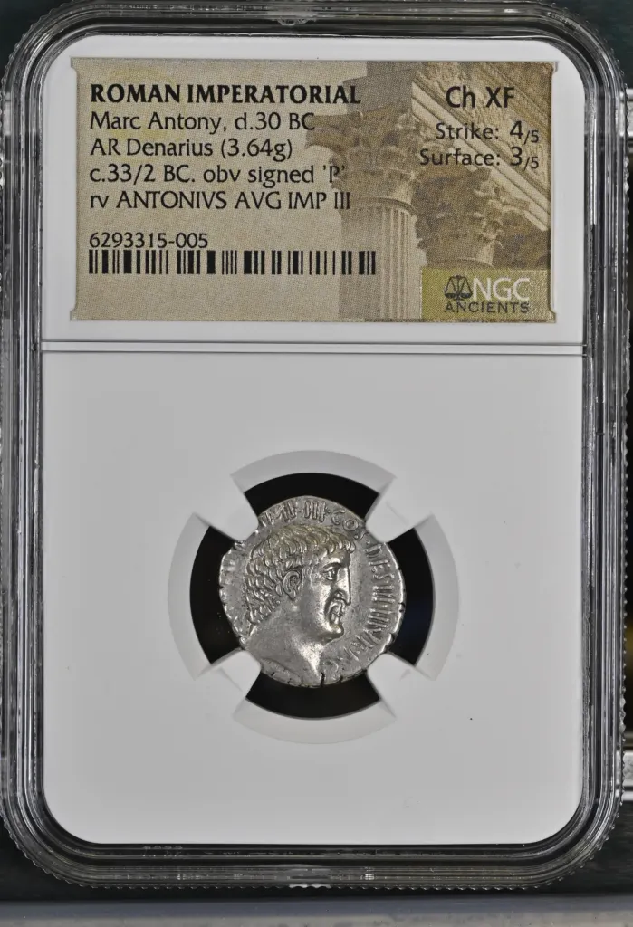 Roman Imperatorial Marc Antony d.30 BC AR Denarius NGC Ch XF 0155866
