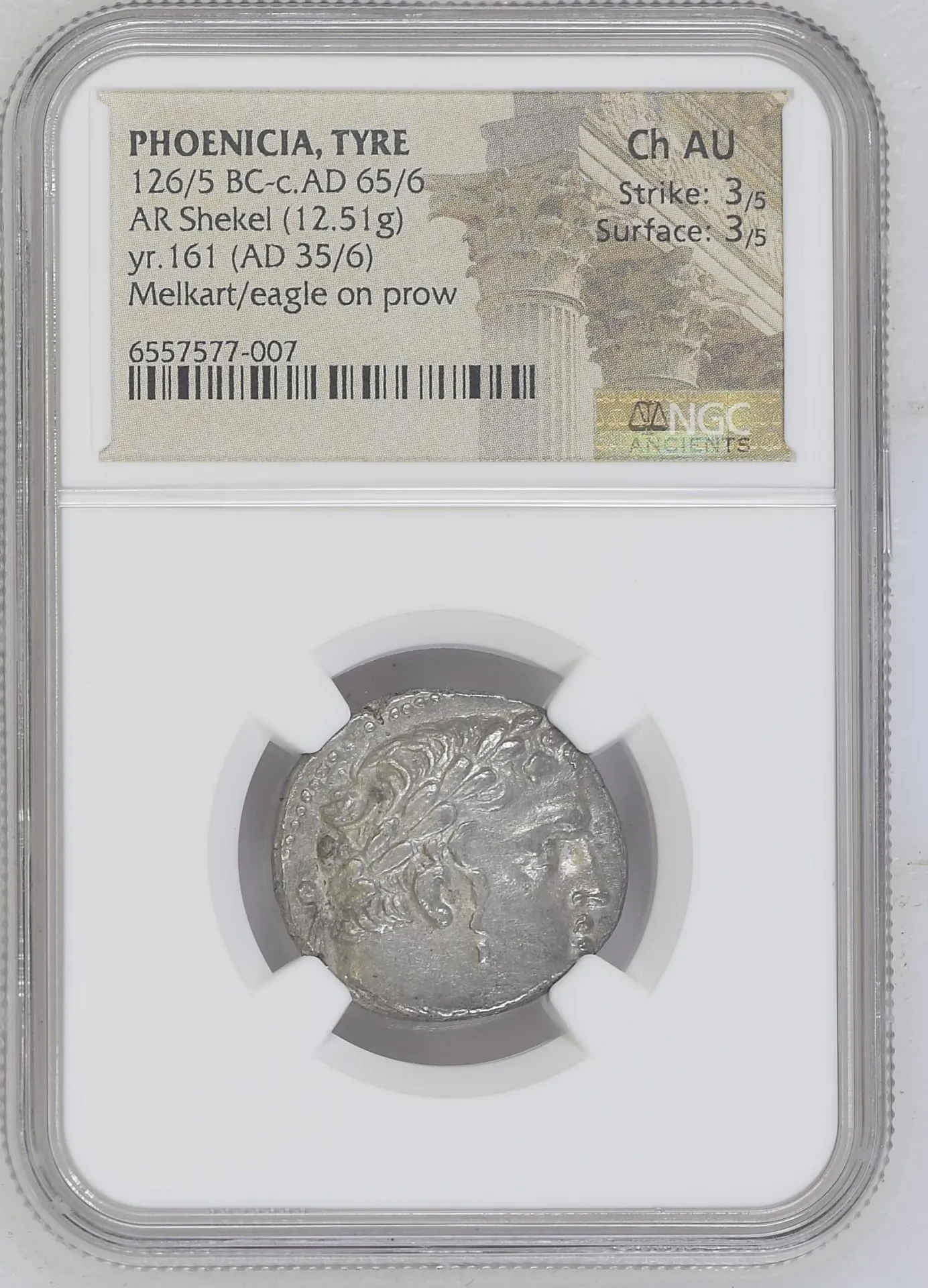 Ancient Coins Greek Phoenicia Phoenicia Tyre 126/5 BC - 65/6 AD AR Shekel NGC Ch AU 0155884 Phoenicia Tyre 126/5 BC - 65/6 AD AR Shekel NGC Ch AU 0155884