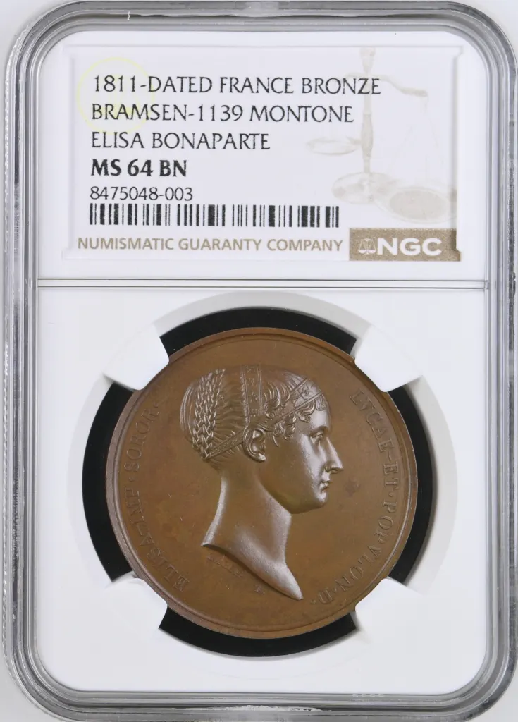 France Montone Elisa Bonaparte Bronze Medal 1811 Bramsen-1139 NGC MS64BN 0156299