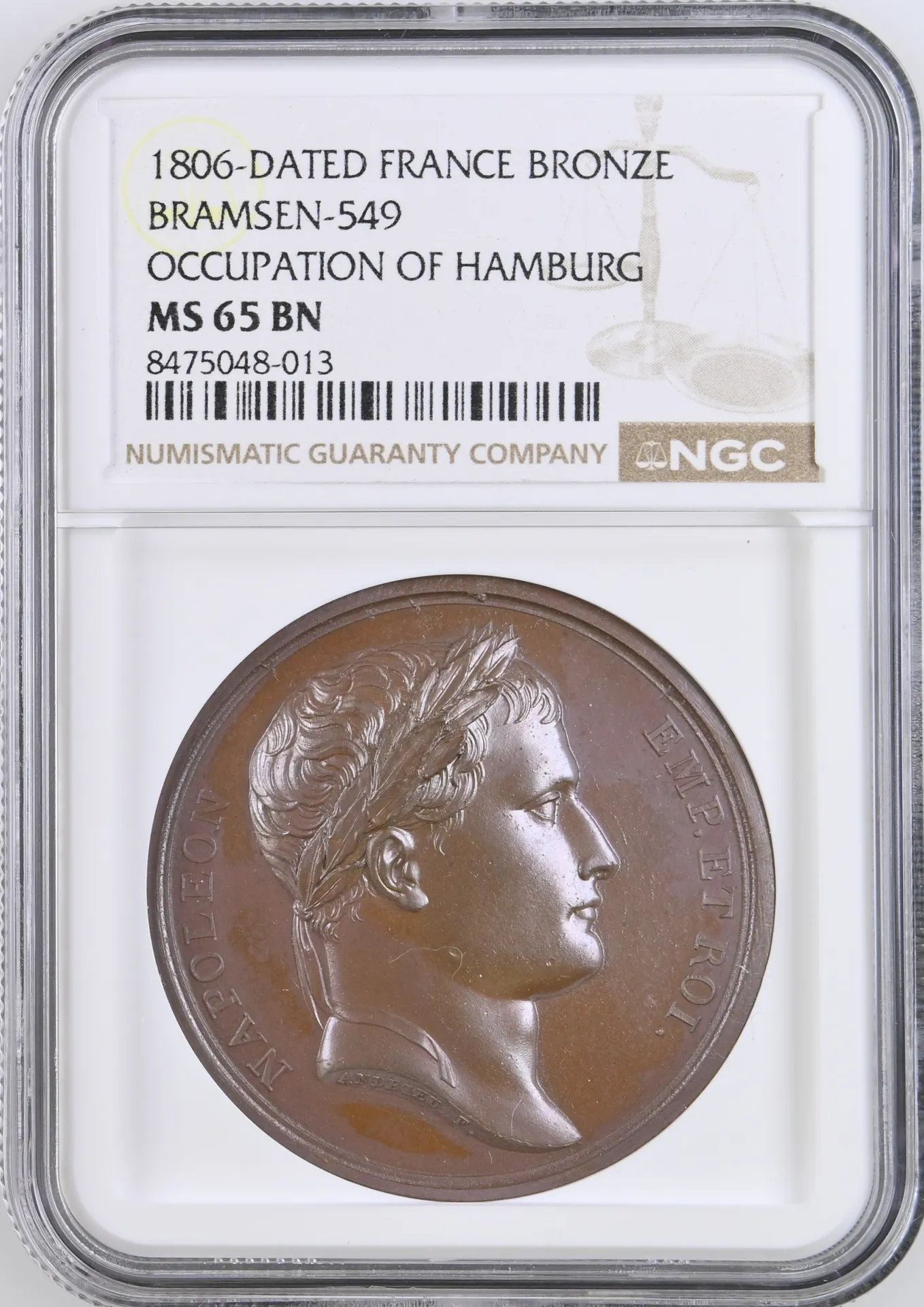 France Occupation of Hamburg Bronze Medal 1806 Bramsen-549 NGC MS65BN 0156301