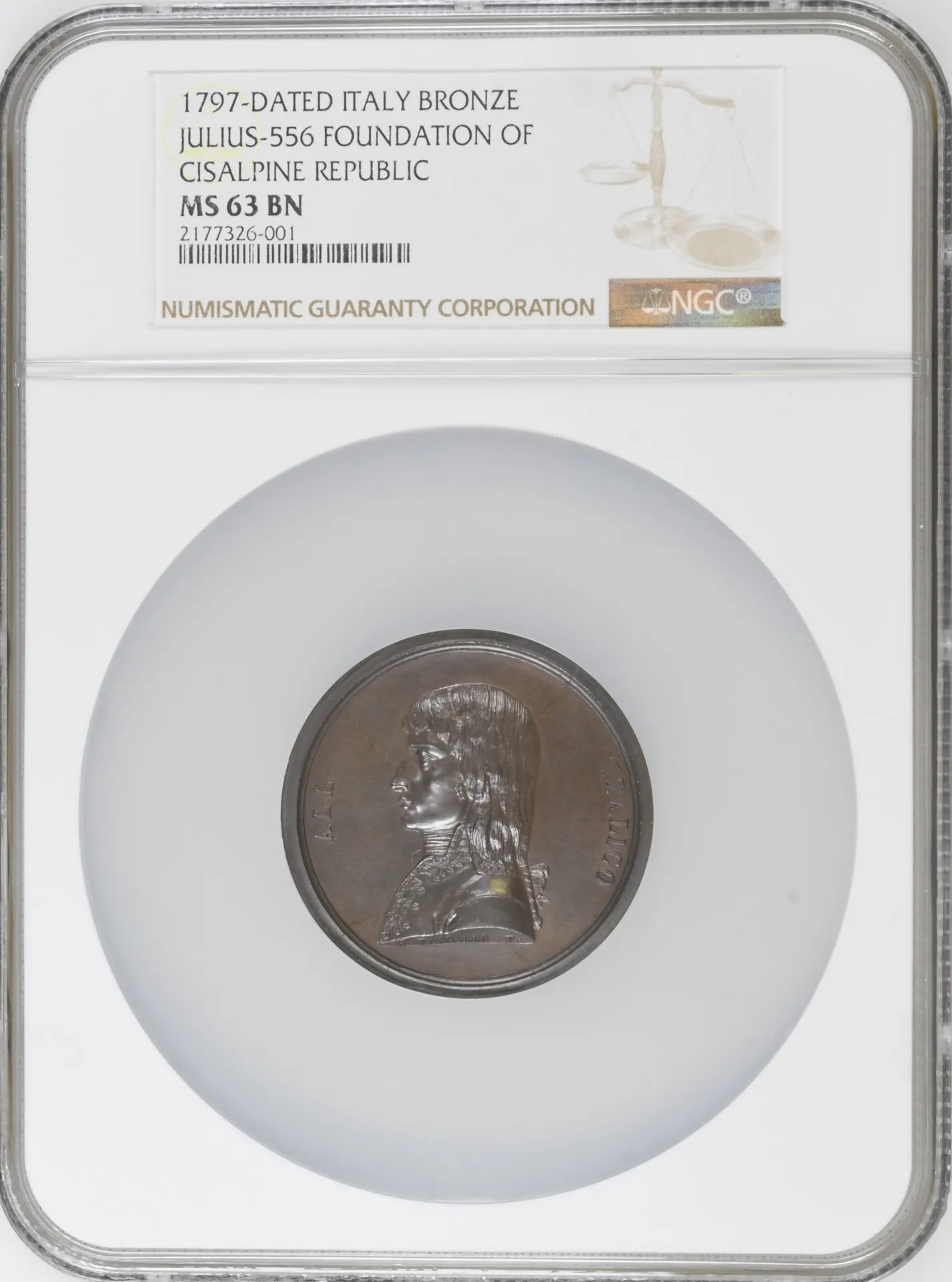 Italy/San Marino/Vatican Foundation of Cisalpine Republic Bronze Medal 1797 Julius-556 NGC MS63BN 0156305