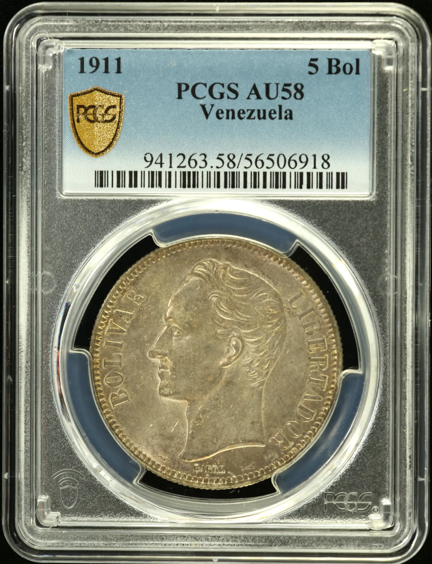 Venezuela 5 Bolivares 1911 PCGS AU58 0155702