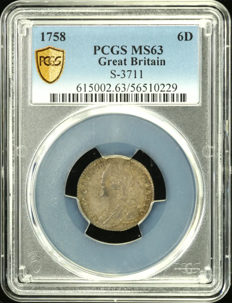 UK (Great Britain) Sixpence 1758 PCGS MS63 S-3711 0156315