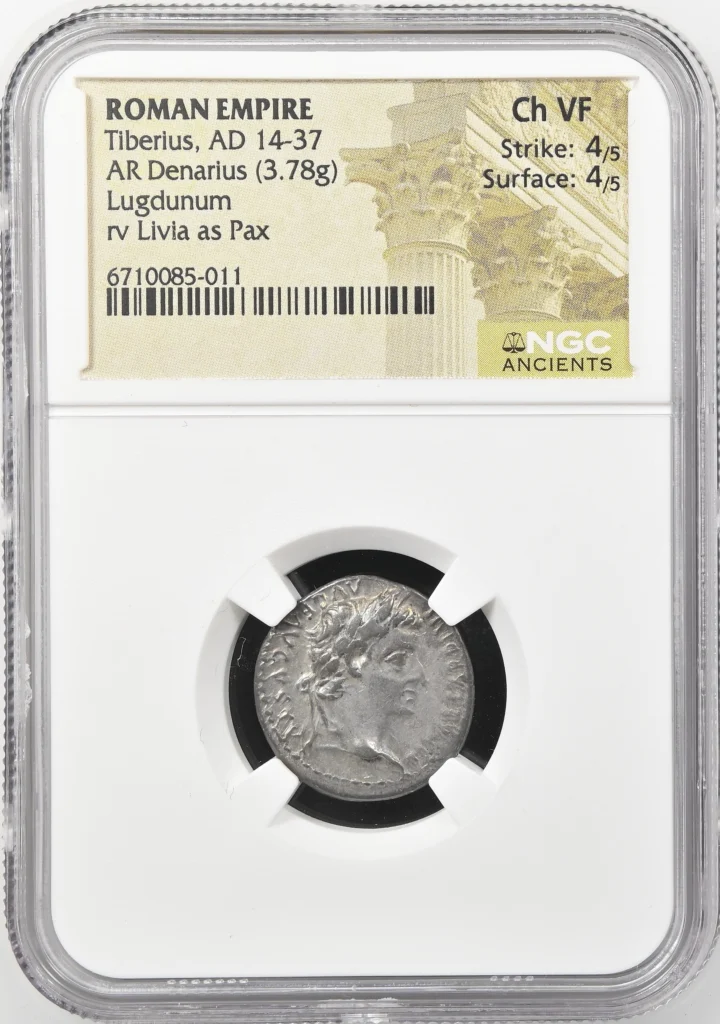 Ancient Coins Roman Imperial Roman Imperial Tiberius 14-37 AD AR Denarius NGC Ch VF 0156316 Roman Imperial Tiberius 14-37 AD AR Denarius NGC Ch VF 0156316
