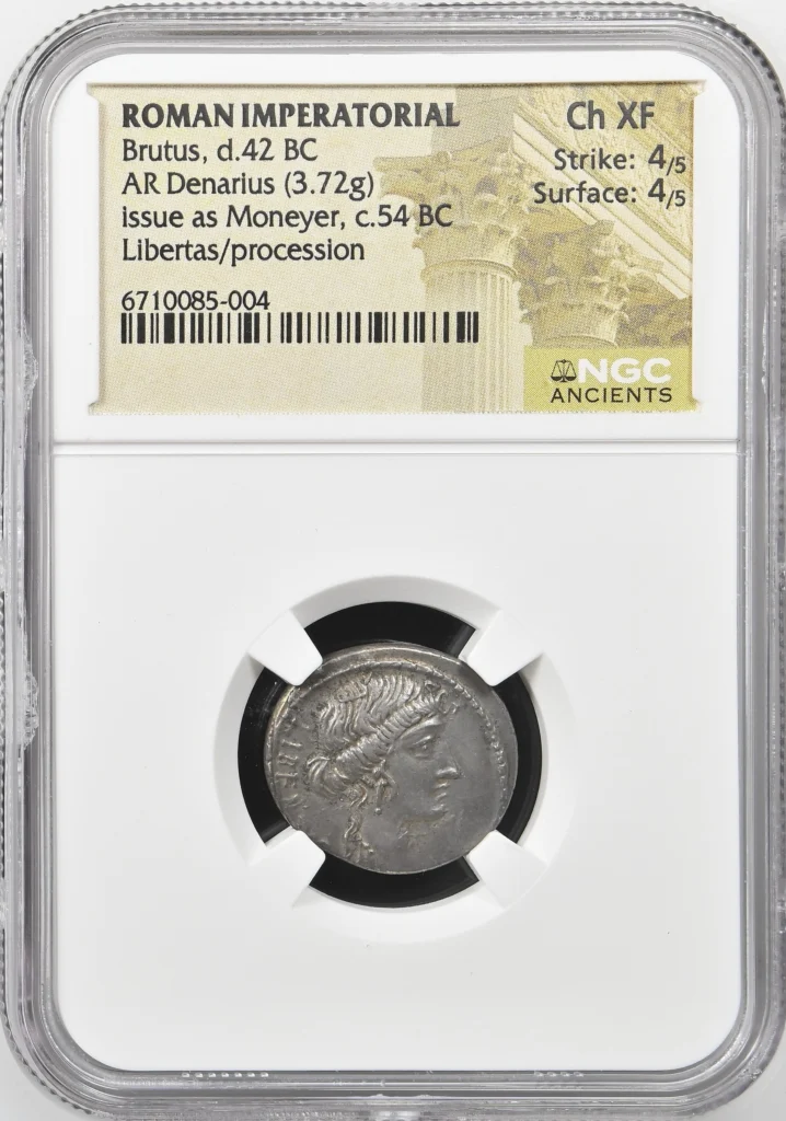 Ancient Coins Roman Imperatorial Roman Imperatorial Brutus d.42 BC AR Denarius NGC Ch XF 0156317 Roman Imperatorial Brutus d.42 BC AR Denarius NGC Ch XF 0156317
