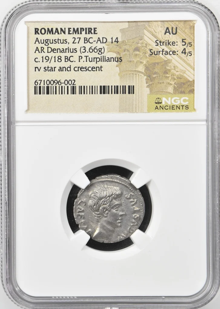 Ancient Coins Roman Imperial Roman Imperial Augustus 27 BC - 14 AD AR Denarius NGC AU 0156372 Roman Imperial Augustus 27 BC - 14 AD AR Denarius NGC AU 0156372