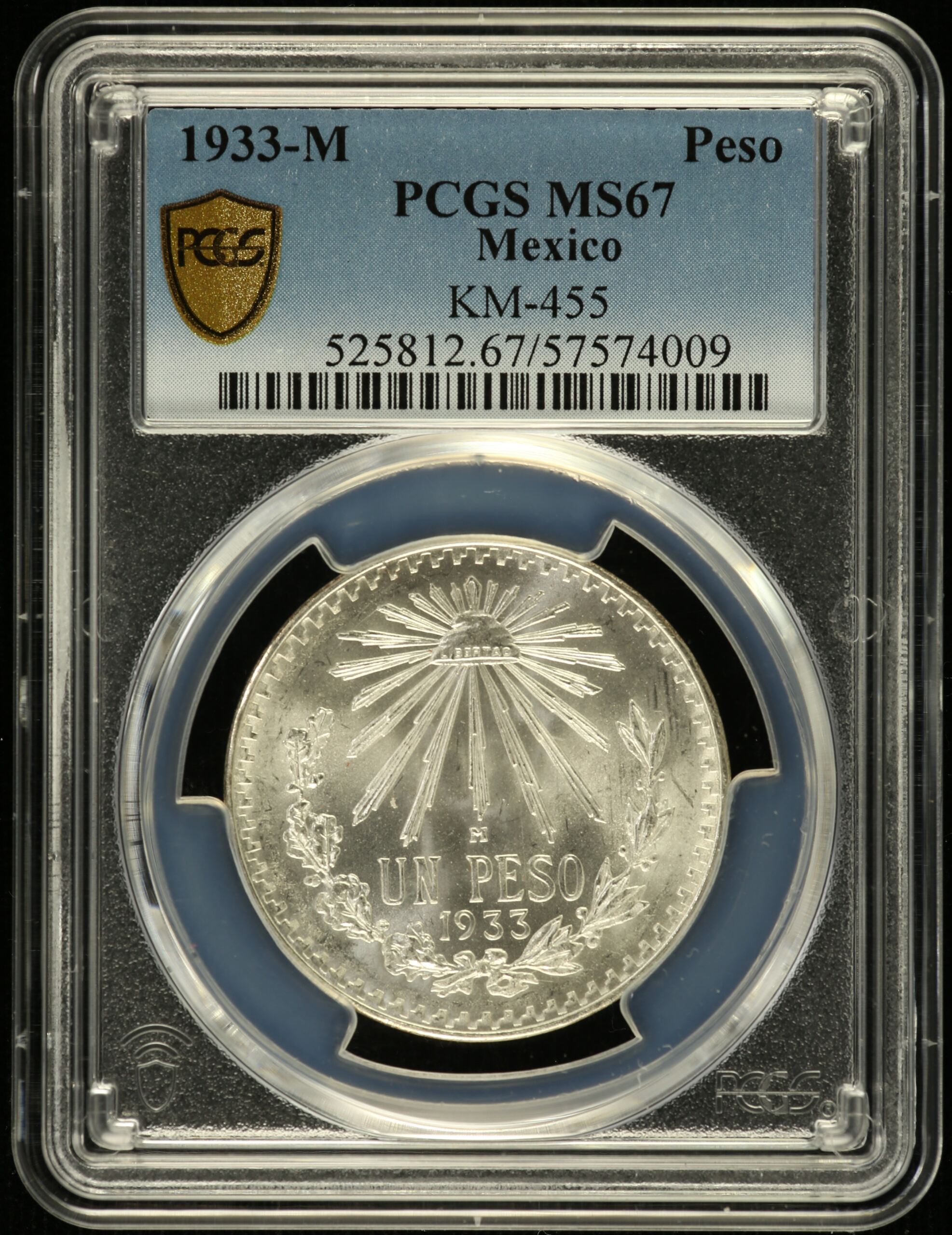 Mexican Coins Modern Silver & Minors Peso Modern Silver & Minors Peso 1933 M KM-455 PCGS MS67 0155647 Modern Silver & Minors Peso 1933 M KM-455 PCGS MS67 0155647Modern Silver & Minors Peso 1933 M KM-455 PCGS MS67 0155647