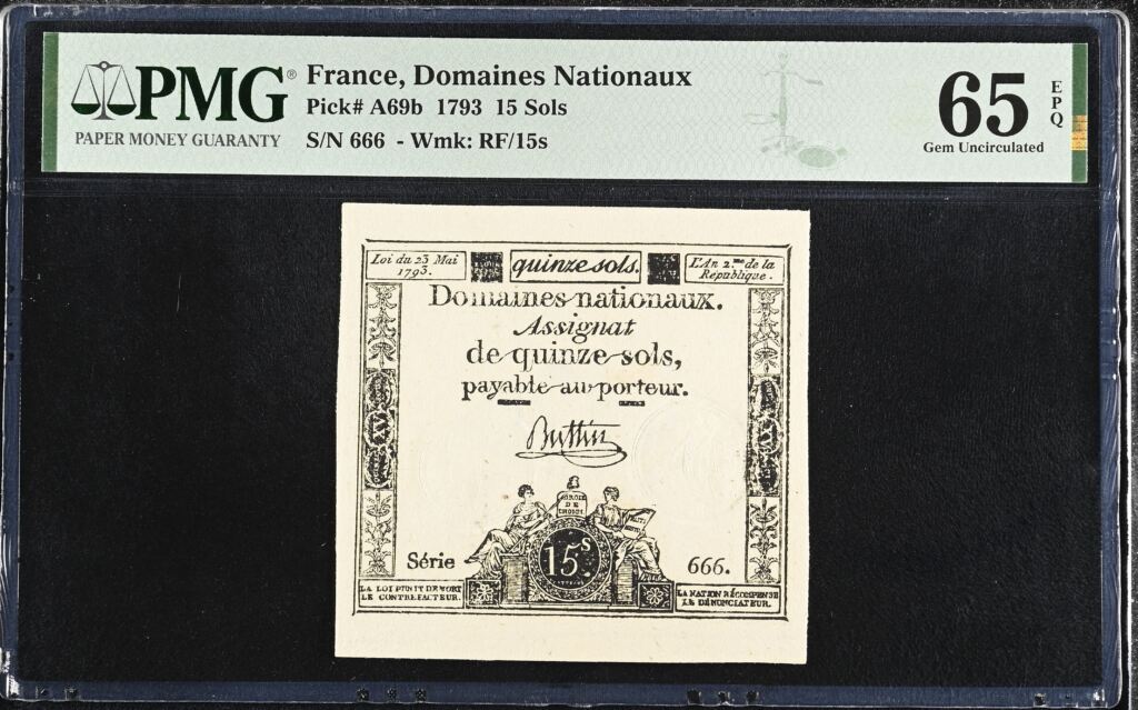 France 15 Sols 1793 Pick# A69b PMG Gem UNC65 EPQ 0155681