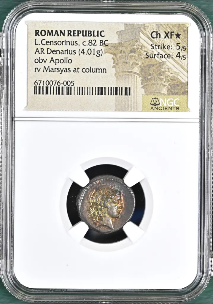 Roman Republic L. Marcus Censorinus 82 BC AR Denarius NGC Ch XF* 0155813