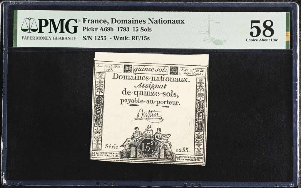 France 15 Sols 1793 Pick# A69b PMG Ch AU58 0155682