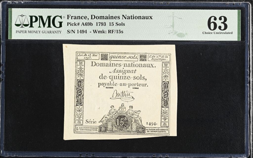France 15 Sols 1793 Pick# A69b PMG Ch UNC63 0155683
