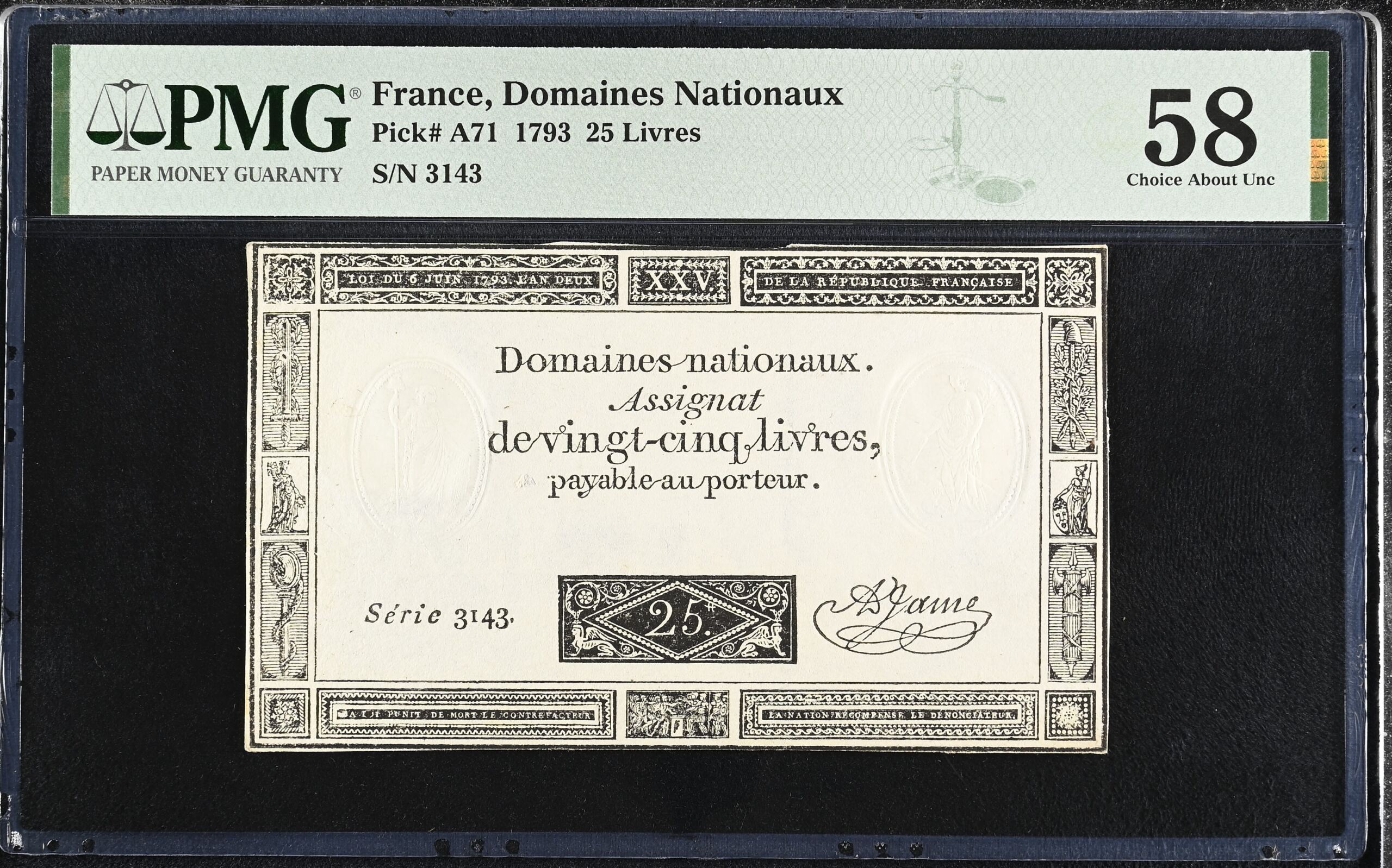 France World Currency France 25 Livres 1793 Pick# A71 PMG Ch AU58 0155685 France 25 Livres 1793 Pick# A71 PMG Ch AU58 0155685France 25 Livres 1793 Pick# A71 PMG Ch AU58 0155685