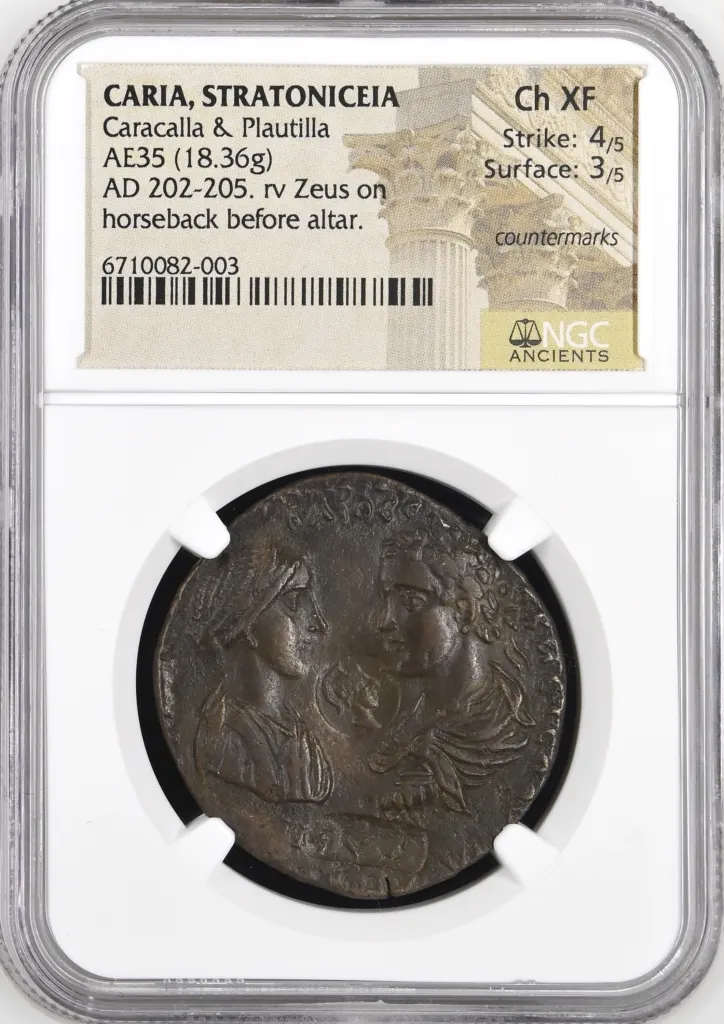 Caria Stratoniceia Caracalla & Plautilla 202-205 AD AE 35 NGC Ch XF 0155897