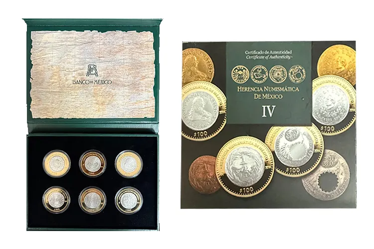 The Herencia Numismática de México – Numismatic Heritage IV 100 Peso Proof Set (2014 Mo) is a finely crafted modern release from the Casa de Moneda de México, featuring sharp details and beautiful proof finishes that highlight Mexico’s rich numismatic heritage.