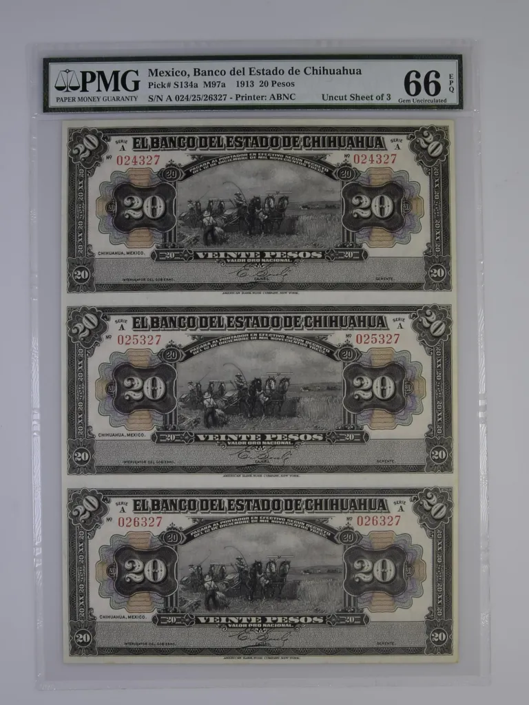 Bancos 20 Pesos - Uncut Sheet of 3 1913 Chihuahua M97a PMG Gem UNC66 EPQ f_35576
