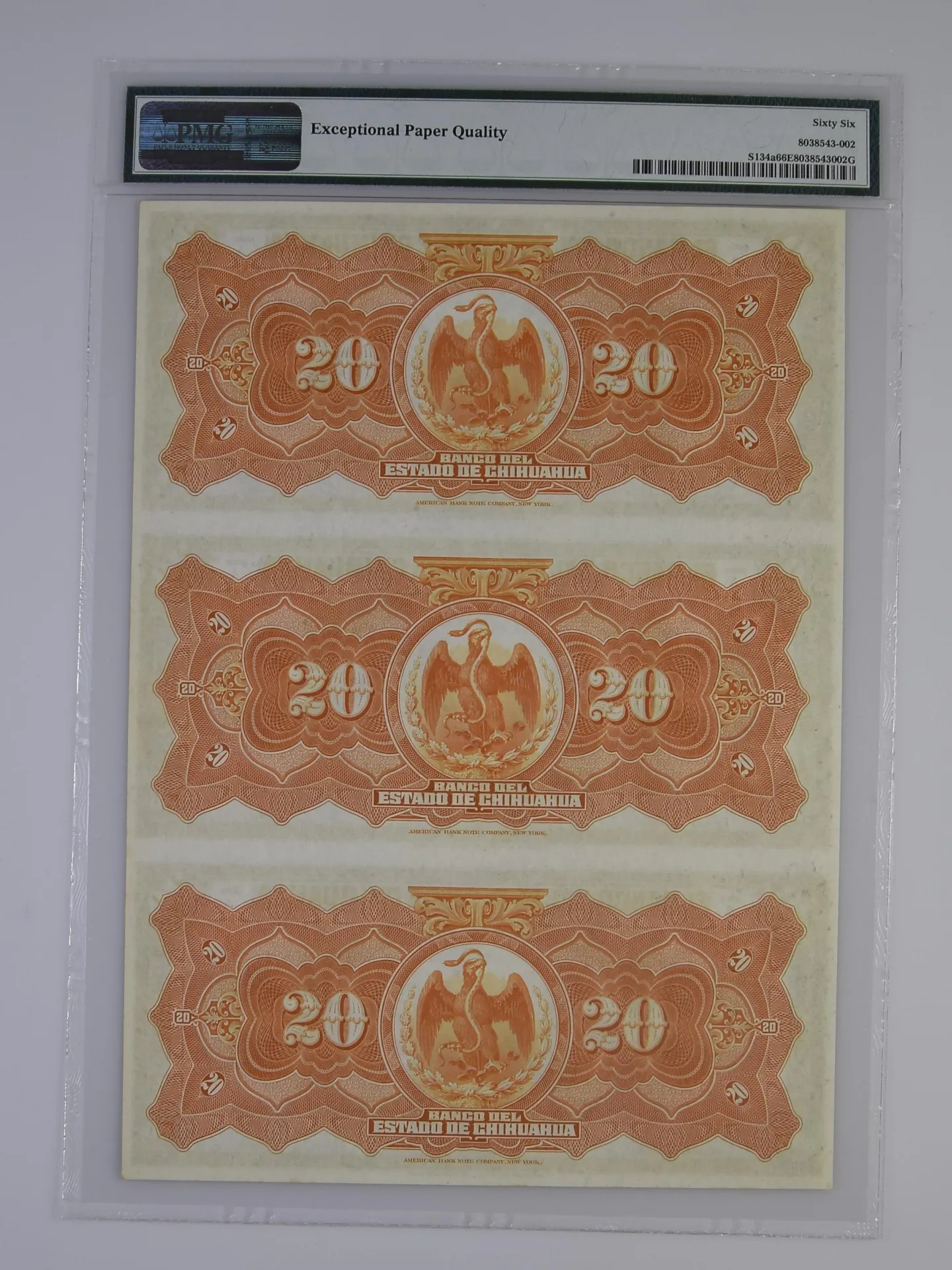 Bancos Mexican Currency Bancos 20 Pesos - Uncut Sheet of 3 1913 Chihuahua M97a PMG Gem UNC66 EPQ f_35576 Bancos 20 Pesos - Uncut Sheet of 3 1913 Chihuahua M97a PMG Gem UNC66 EPQ f_35576Bancos 20 Pesos - Uncut Sheet of 3 1913 Chihuahua M97a PMG Gem UNC66 EPQ f_35576 - Image 2