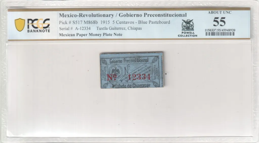 Mexican Currency Revolutionary Currency Revolutionary Currency 5 Centavos 1915 Chiapas M868b PCGS AU55 f_35577 Revolutionary Currency 5 Centavos 1915 Chiapas M868b PCGS AU55 f_35577
