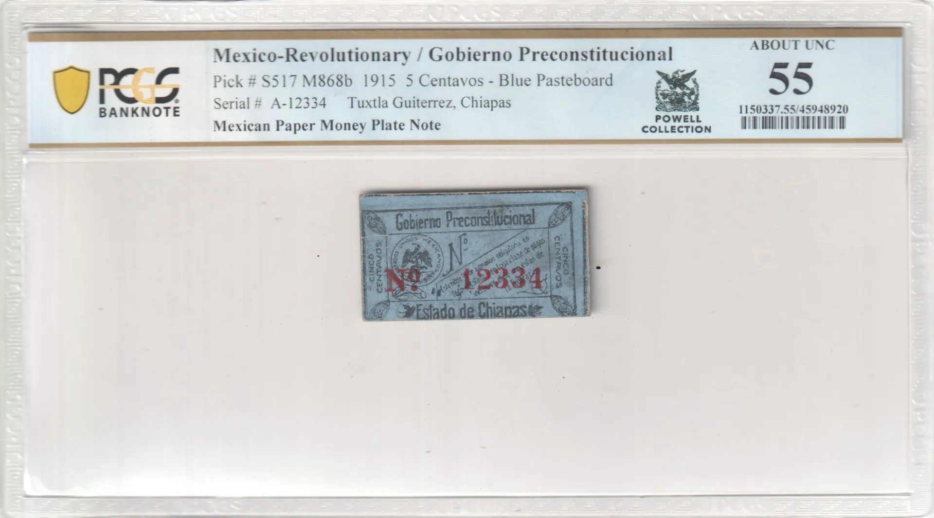 Revolutionary Currency 5 Centavos 1915 Chiapas M868b PCGS AU55 f_35577