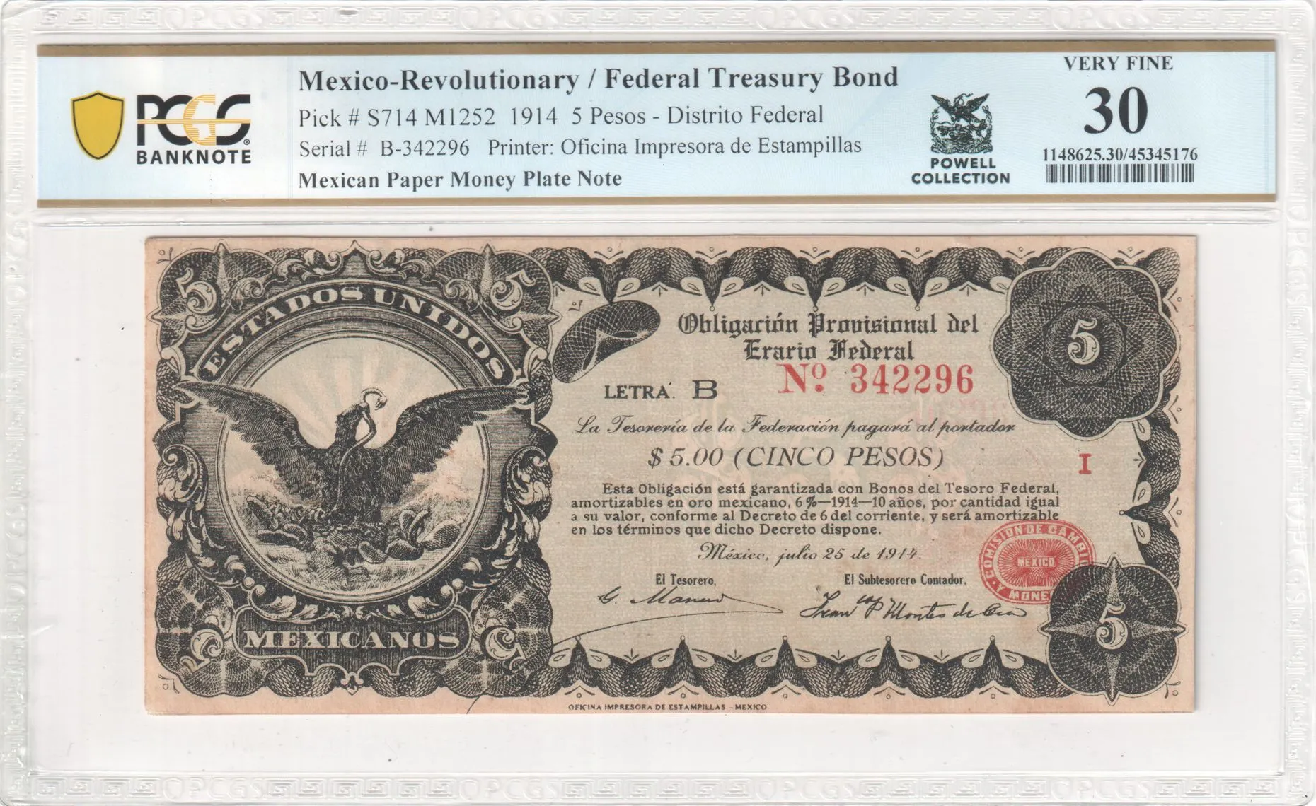 Revolutionary Currency 5 Pesos 1914 Distrito Federal M1252 PCGS VF30 f_35578