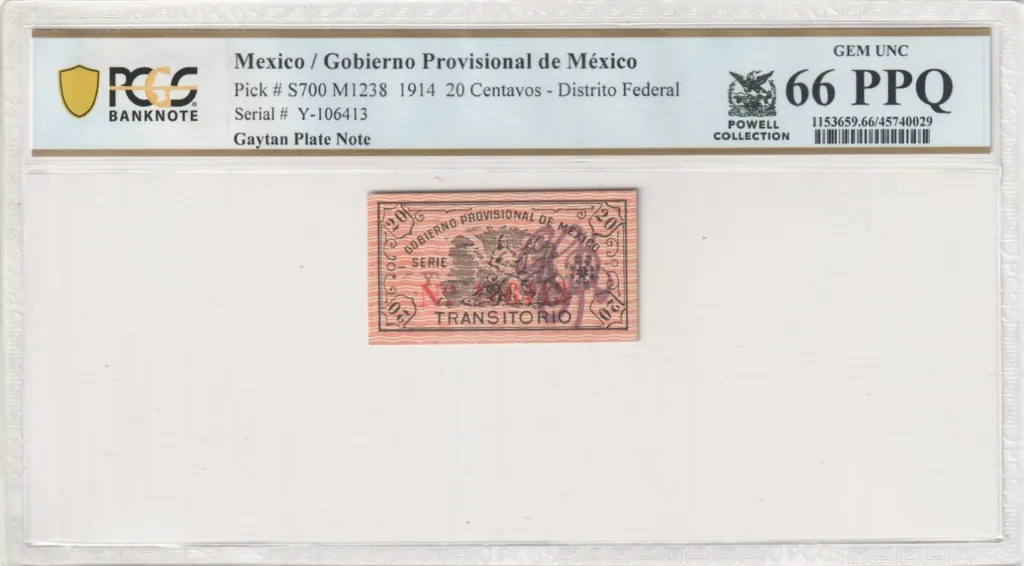 Mexican Currency Revolutionary Currency Revolutionary Currency 20 Centavos 1914 Distrito Federal M1238 PCGS Gem UNC66 PPQ f_35579 Revolutionary Currency 20 Centavos 1914 Distrito Federal M1238 PCGS Gem UNC66 PPQ f_35579
