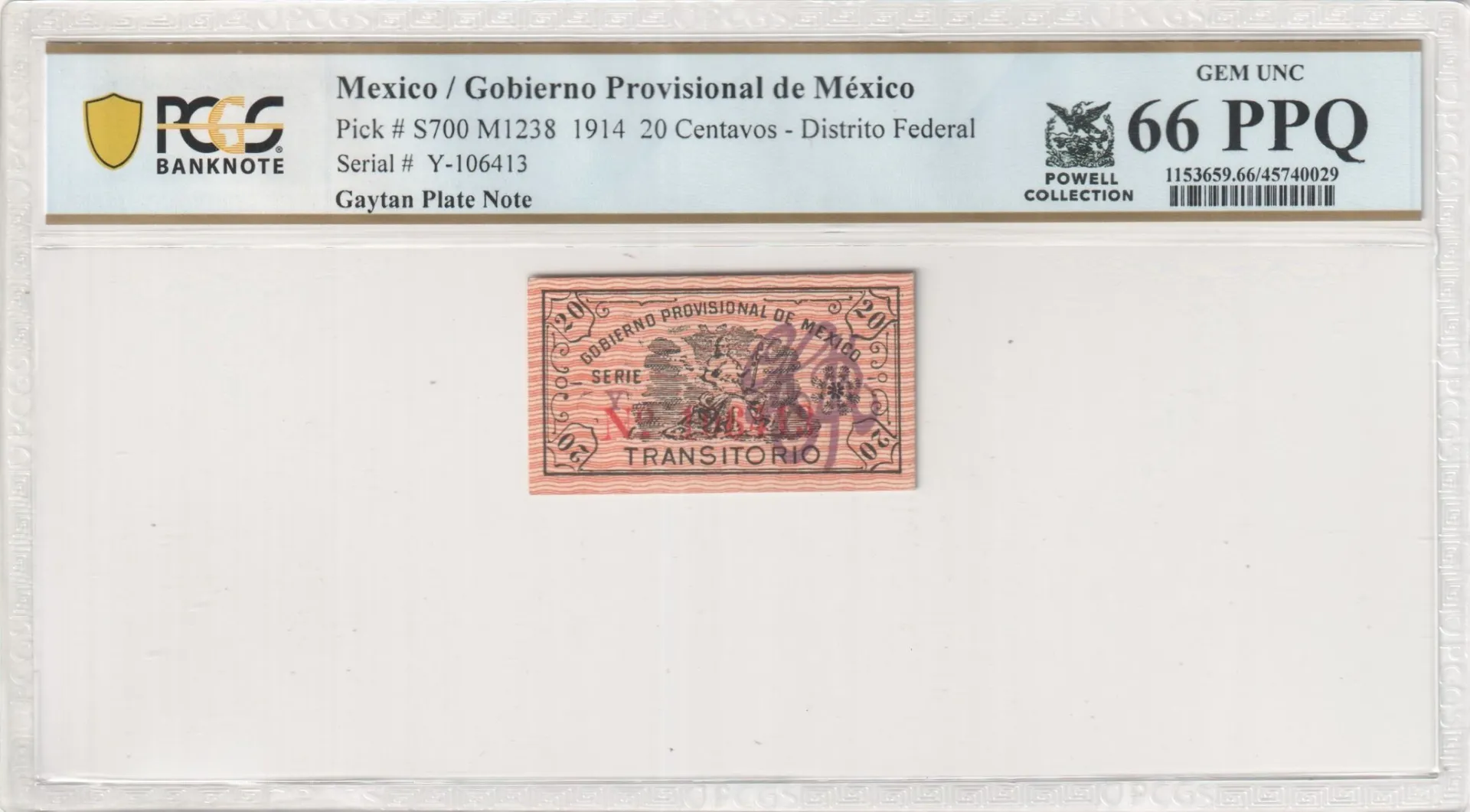 Revolutionary Currency 20 Centavos 1914 Distrito Federal M1238 PCGS Gem UNC66 PPQ f_35579