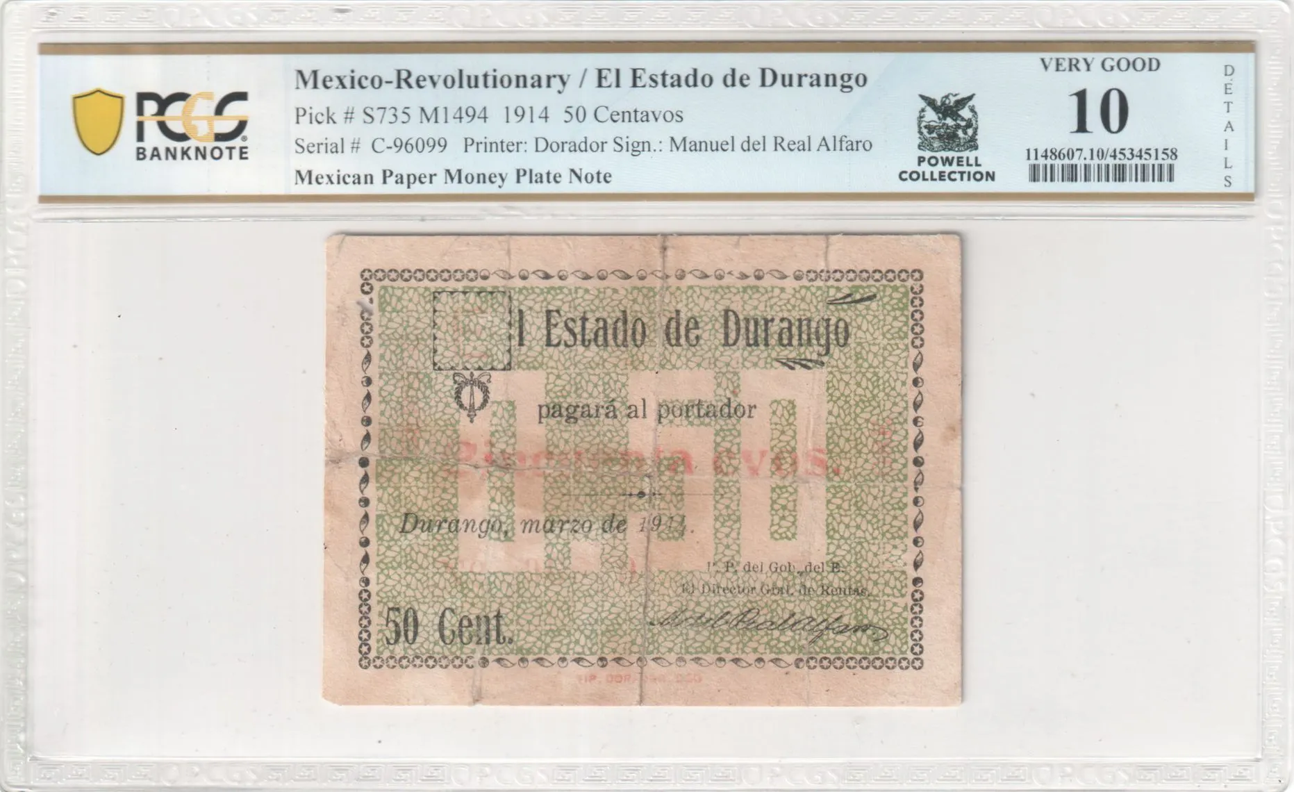 Revolutionary Currency 50 Centavos 1914 Durango M1494 PCGS VG10 f_35580