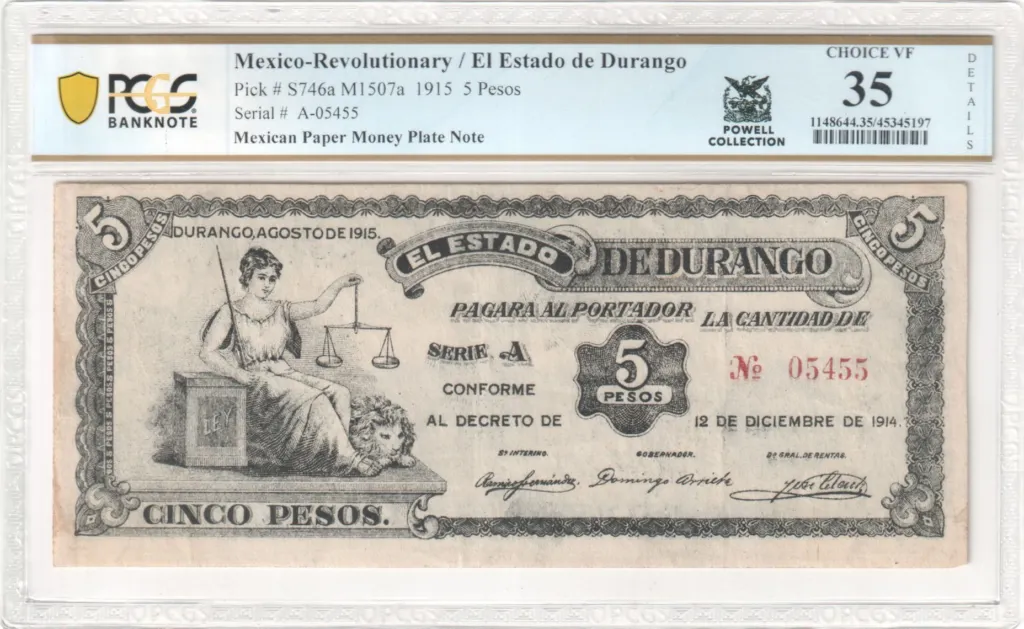 Mexican Currency Revolutionary Currency Revolutionary Currency 5 Pesos 1915 Durango M1507a PCGS Ch VF35 Details f_35581 Revolutionary Currency 5 Pesos 1915 Durango M1507a PCGS Ch VF35 Details f_35581