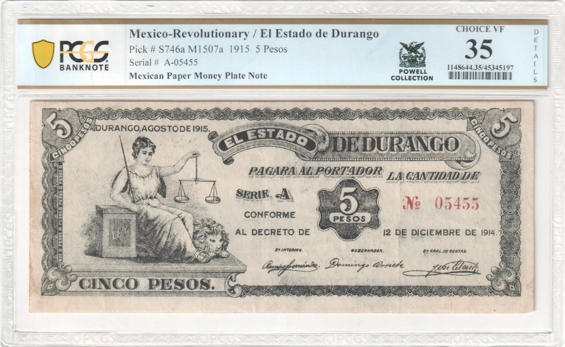 Revolutionary Currency 5 Pesos 1915 Durango M1507a PCGS Ch VF35 Details f_35581