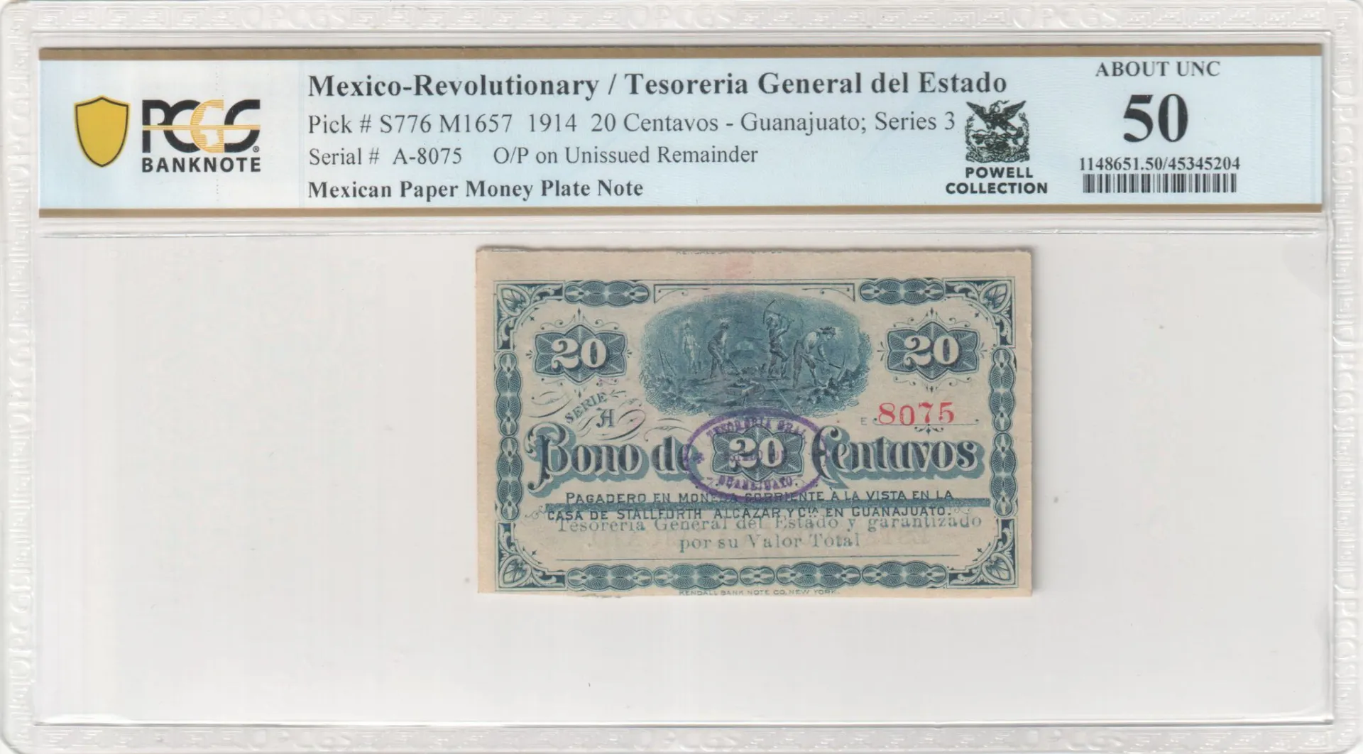 Revolutionary Currency 20 Centavos 1914 Guanajuato M1657 PCGS AU50 f_35583