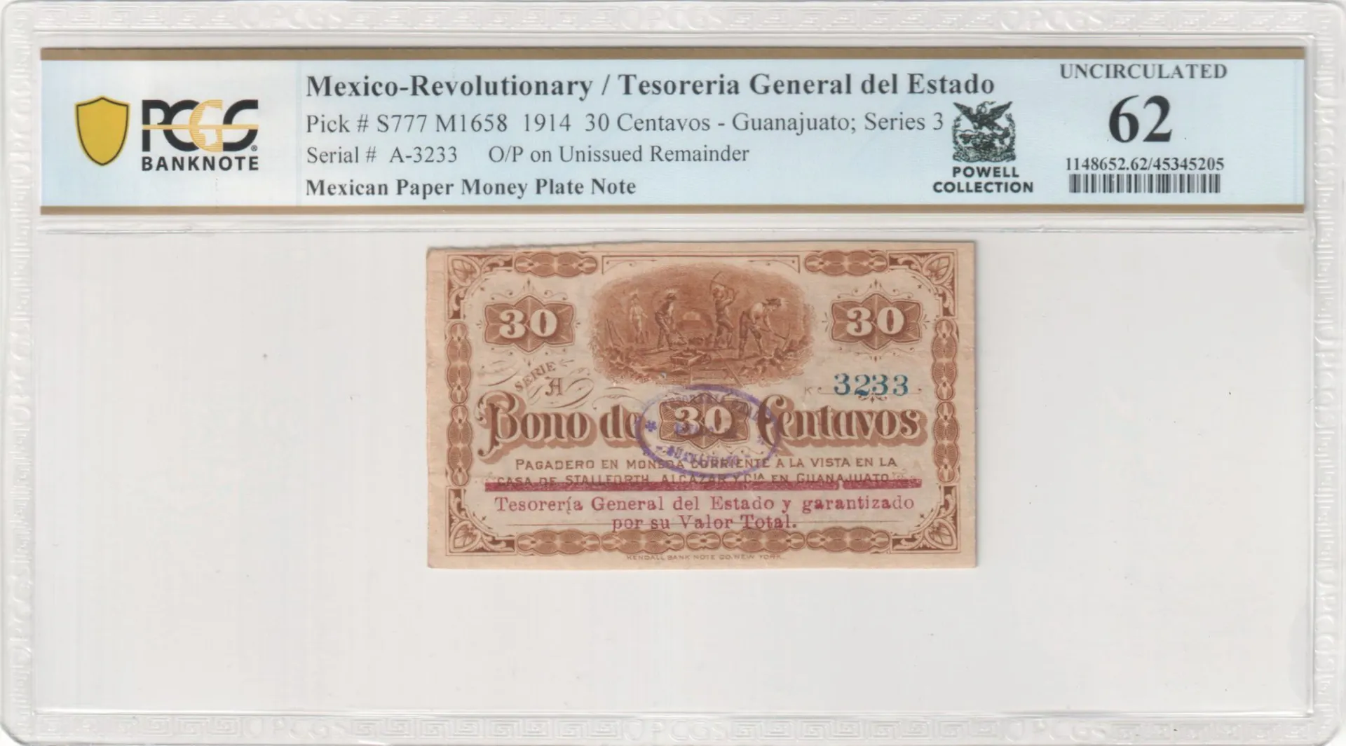 Revolutionary Currency 30 Centavos 1914 Guanajuato M1658 PCGS UNC62 f_35584