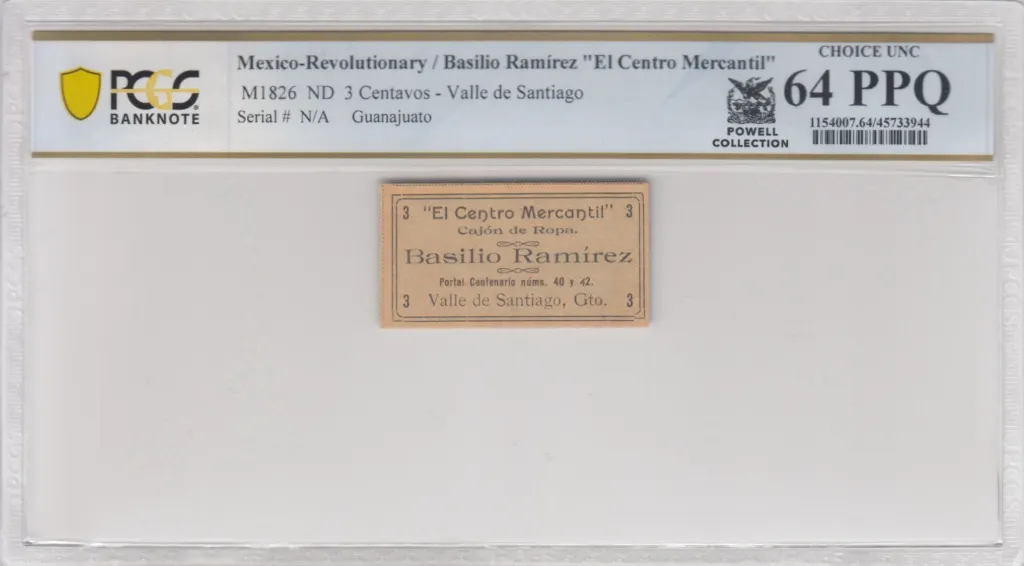 Mexican Currency Revolutionary Currency Revolutionary Currency 3 Centavos ND Guanajuato M1826 PCGS Ch UNC64 PPQ f_35585 Revolutionary Currency 3 Centavos ND Guanajuato M1826 PCGS Ch UNC64 PPQ f_35585
