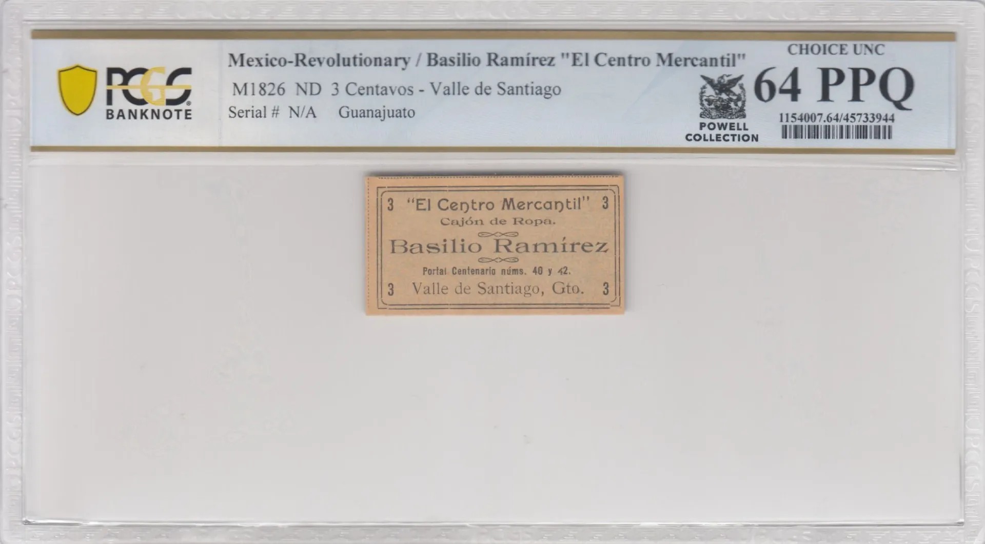 Revolutionary Currency 3 Centavos ND Guanajuato M1826 PCGS Ch UNC64 PPQ f_35585