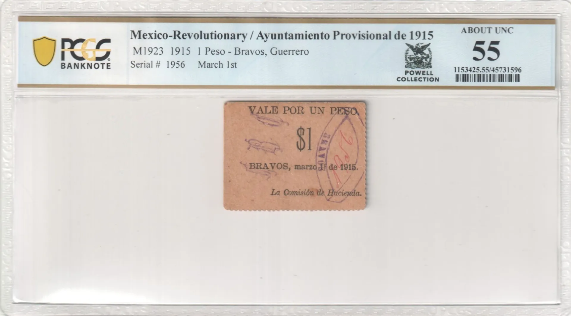 Revolutionary Currency 1 Peso 1915 Guerrero M1923 PCGS AU55 f_35586