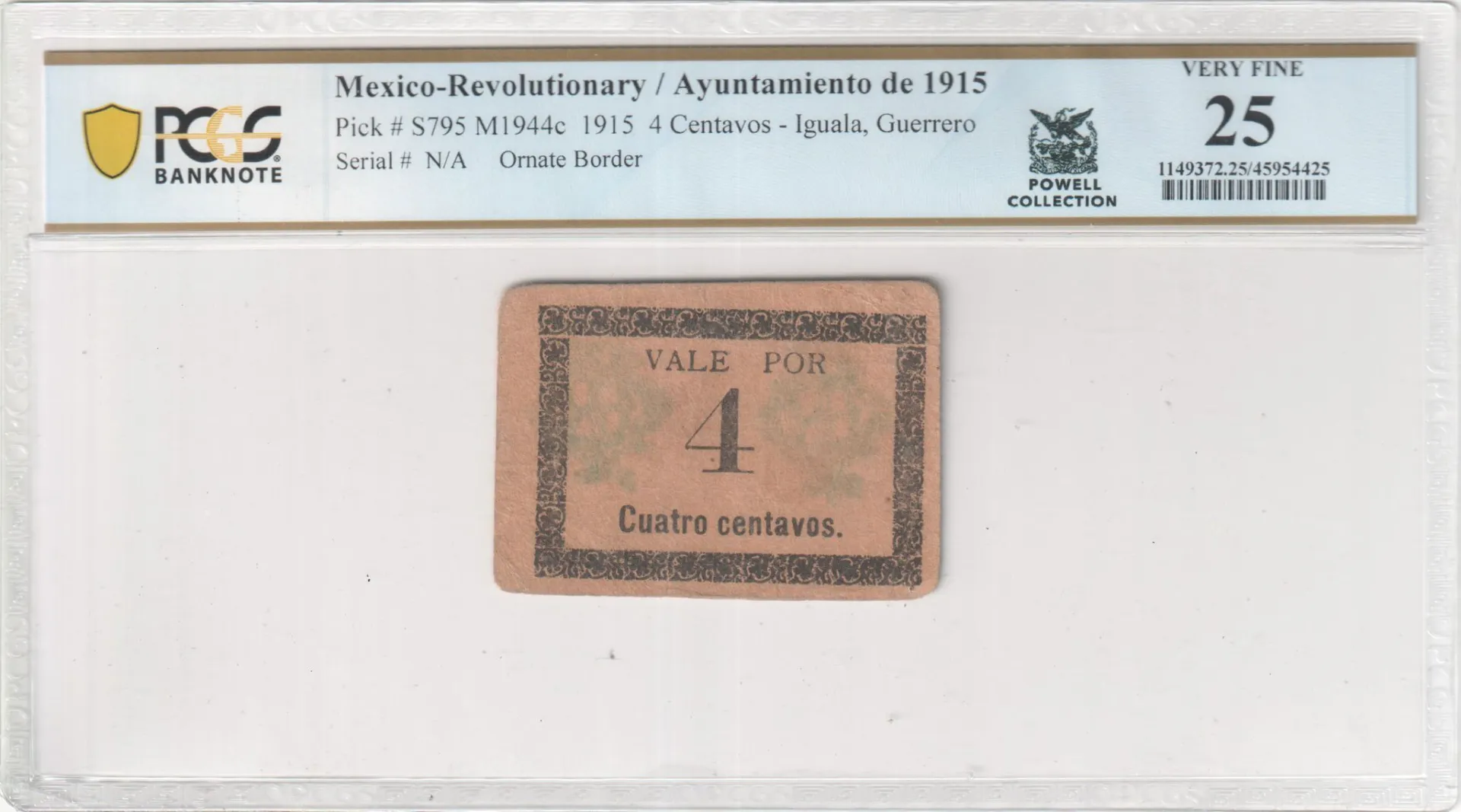 Revolutionary Currency 4 Centavos 1915 Guerrero M1944c PCGS VF25 f_35587