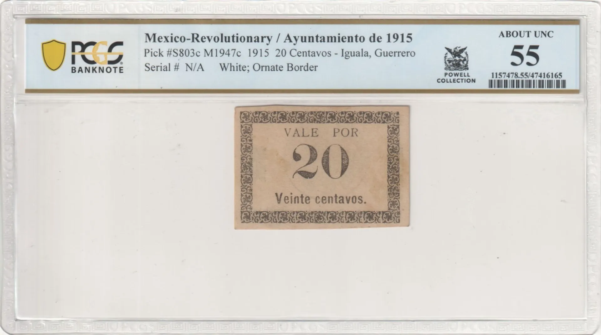 Revolutionary Currency 20 Centavos 1915 Guerrero M1947c PCGS AU55 f_35588