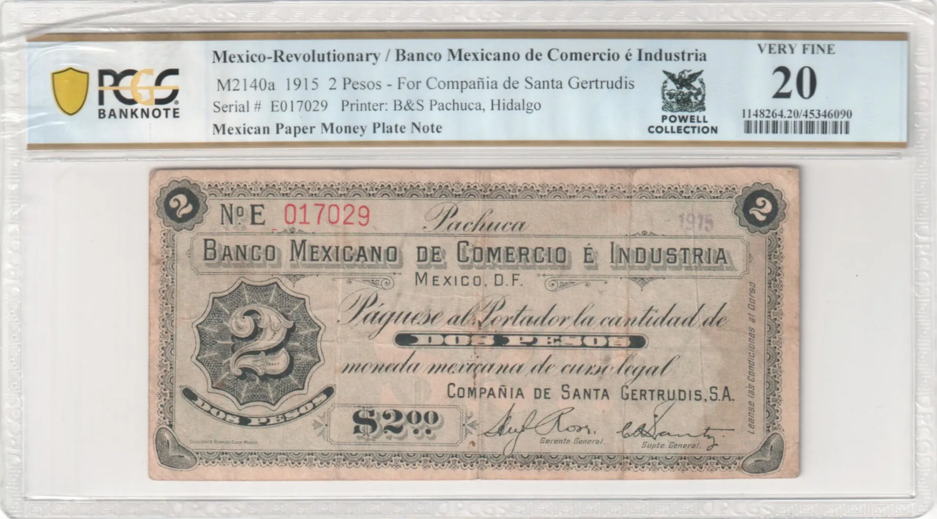 Revolutionary Currency 2 Pesos 1915 Hidalgo M2140a PCGS VF20 f_35590