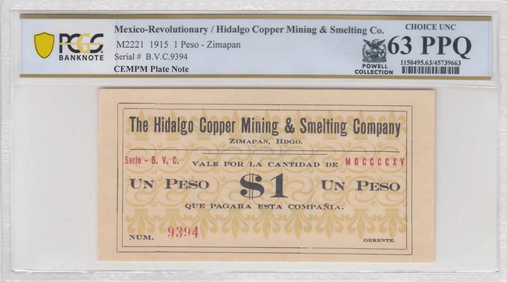 Revolutionary Currency Peso 1915 Hidalgo M2221 PCGS Ch UNC63 PPQ f_35591