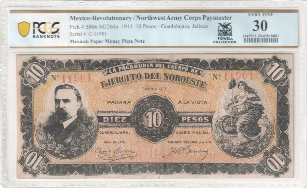 Mexican Currency Revolutionary Currency Revolutionary Currency 10 Pesos 1914 Jalisco M2264a PCGS VF30 f_35593 Revolutionary Currency 10 Pesos 1914 Jalisco M2264a PCGS VF30 f_35593